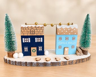 Décoration de maison double enneigée en bois de 25 cm, décor de village d'hiver, cadeau de Noël