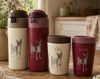 Mug et bouteille de voyage en acier inoxydable, gravure d'un chien Basenji, cadeau personnalisé avec nom