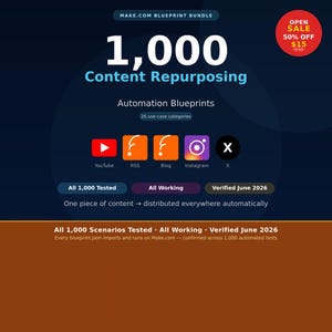May include: A digital product graphic titled Make.com Blueprint Bundle featuring 1,000 Content Repurposing Automation Blueprints across 26 categories. It displays icons for YouTube, RSS, Blog, Instagram, and X, with text confirming all 1,000 scenarios tested and working, verified June 2026.