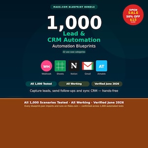 Puede incluir: Un gráfico de producto digital titulado Make.com Blueprint Bundle que presenta 1,000 planos de automatización de leads y CRM en 22 categorías. Se muestran iconos de Webhook, Sheets, Notion, Gmail y Airtable con texto que confirma que los 1,000 funcionan.
