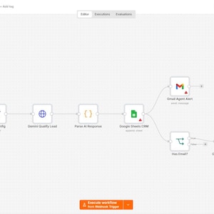 May include: A digital workflow diagram titled WF01 - Real Estate Lead Instant Response, featuring nodes for Webhook Trigger, Facebook Lead Ads, Lead Config, Gemini Qualify Lead, Parse AI Response, Google Sheets CRM, Email Agent Alert, and Gmail Lead Reply.