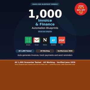 May include: A digital graphic for a Make.com blueprint bundle featuring 1,000 invoice and finance automation blueprints. It displays icons for Sheets, Gmail, Notion, Airtable, and PDF, with text stating all 1,000 scenarios are tested and verified June 2026.