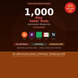 May include: A digital graphic titled 1,000 Etsy Seller Tools Automation Blueprints featuring icons for Etsy, Slack, Sheets, Gmail, and Notion. The text includes All 1,000 Scenarios Tested, All Working, and Verified June 2026 on a dark brown background.