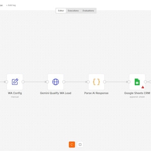 Könnte beinhalten: Ein digitales Workflow-Diagramm mit dem Titel Real Estate WhatsApp Lead Response, das eine Abfolge verbundener Knoten zeigt, darunter WhatsApp Trigger, WA Config, Gemini Qualify WA Lead, Parse AI Response, Google Sheets CRM, Gmail Agent Alert und WhatsApp Reply.