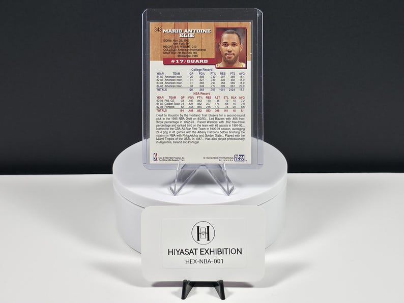 May include: A 1994 Skybox basketball trading card of Mario Antoine Elie, number 343, encased in a clear plastic holder. The card back displays biographical data, college and NBA career statistics, and a small portrait of the athlete.