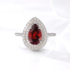 Pear Ruby Halo Ring, 4 Carat Ruby Statement Ring, White Sapphire Sterling Silver Ring, One of a Kind Luxury Gift for Her
