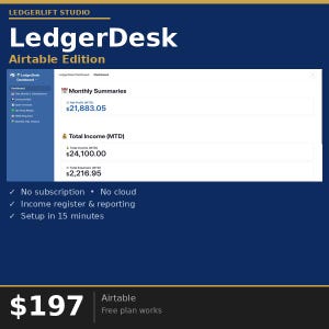 May include: A digital dashboard interface titled LedgerDesk Airtable Edition displaying financial data including Monthly Summaries, Net Profit of $21,883.05, Total Income of $24,100.00, and Total Expenses of $2,216.95. Text includes No subscription, No cloud, and Setup in 15 minutes.