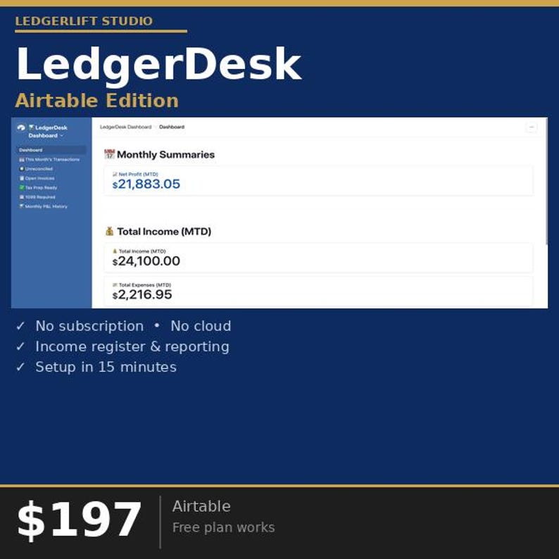 May include: A digital dashboard interface titled LedgerDesk Airtable Edition displaying financial data including Monthly Summaries, Net Profit of $21,883.05, Total Income of $24,100.00, and Total Expenses of $2,216.95. Text includes No subscription, No cloud, and Setup in 15 minutes.