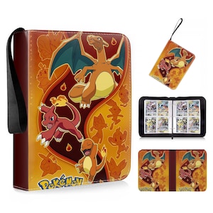 May include: A zipped trading card binder featuring a vibrant orange and red design with illustrations of Charizard, Charmeleon, and Charmander. The cover displays the Pokémon logo. The interior includes clear plastic sleeves for cards.