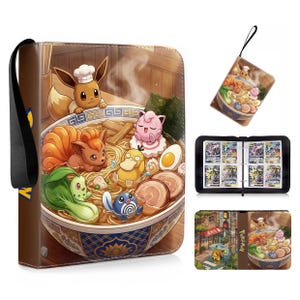 May include: A zipped trading card binder featuring a large bowl of ramen with Eevee, Vulpix, Jigglypuff, Psyduck, Chikorita, and Poliwag. The cover displays a detailed illustration, while the interior contains clear plastic sleeves for cards.