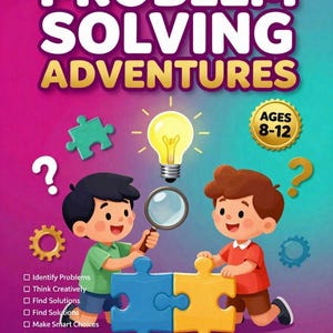 May include: A book cover titled PROBLEM SOLVING ADVENTURES with a gradient pink and teal background. It features two children, a glowing lightbulb, a magnifying glass, puzzle pieces, gears, and question marks. Text includes AGES 8-12 and FutureMindCo.