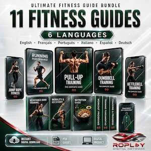 Peut inclure: Un ensemble numérique de 11 guides de fitness intitulé Ultimate Fitness Guide Bundle, disponible en 6 langues. La collection comprend des couvertures pour la corde à sauter, la course, les tractions, les haltères, le kettlebell et la nutrition.