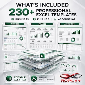 Puede incluir: Una colección digital de más de 230 plantillas profesionales de Excel para negocios, finanzas y contabilidad. La imagen muestra varias interfaces de paneles, gráficos y tablas con detalles en verde, incluyendo el texto WHAT'S INCLUDED 230+ PROFESSIONAL EXCEL TEMPLATES.