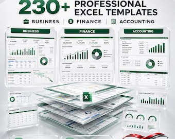 Może przedstawiać: Cyfrowa kolekcja ponad 230 profesjonalnych szablonów Excel do biznesu, finansów i księgowości. Obraz przedstawia różne interfejsy pulpitów nawigacyjnych, wykresy i tabele z zielonymi akcentami, zawierające tekst WHAT'S INCLUDED 230+ PROFESSIONAL EXCEL TEMPLATES.