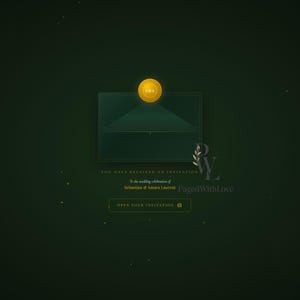 May include: A dark green digital wedding invitation interface featuring a gold circular seal with the initials S&A. The text reads: You have received an invitation to the wedding celebration of Sebastian & Amara Laurent, with an Open Your Invitation button.