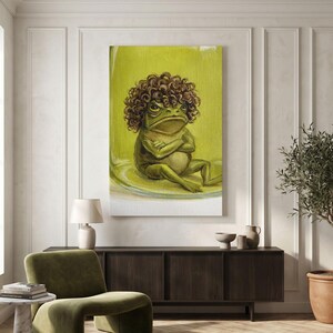 Rolig Grumpy Frog Canvastavla, Stämningsfull Padda Väggkonst, Udda Djurdekor, Humoristisk Badrumskonst, Konstig Grön Chartreuse Väggbonad