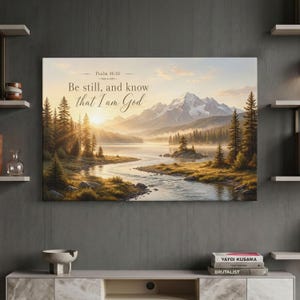 May include: A rectangular wall art print featuring a landscape of a river flowing through a forest toward snow-capped mountains at sunrise. The text "Psalm 46:10 Be still, and know that I am God" is printed in dark brown lettering at the top center.