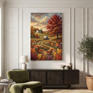 May include: A vertical wall art print depicting an autumn landscape with a winding dirt path, two squirrels in the foreground, orange pumpkins, and colorful fall foliage. A white house sits on a hill in the distance under a cloudy sunset sky.