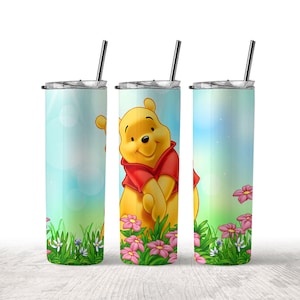 Pooh Bear With Flowers 20oz Skinny Tumbler Wrap PNG, Winnie The Pooh Tumbler PNG, Sublimation Instant File Digital, Download PNG