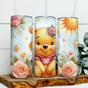 Baby Pooh With Flowers 20oz Skinny Tumbler Wrap PNG, Winnie The Pooh Tumbler PNG, Sublimation Instant File Digital, Download PNG