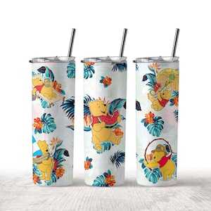 Pooh Bear Hawaii Motif 20oz Skinny Tumbler Wrap PNG, Winnie The Pooh Tumbler PNG, Winnie The Pooh Png, Sublimation Instant File Digital