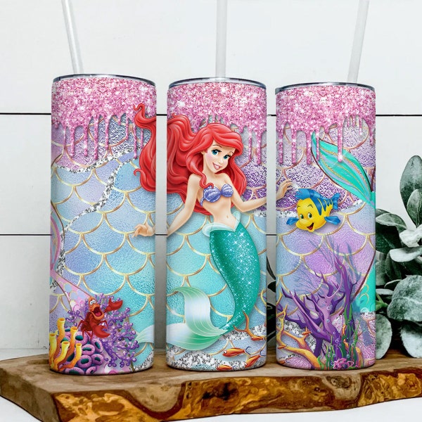 Ariel Princess 3D 20oz Skinny Tumbler Wrap PNG, The Little Mermaid Tumbler PNG, Sublimation Instant File Digital,Download PNG