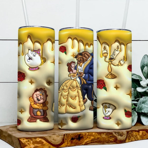 Beauty And The Beast 3D 20oz Skinny Tumbler Wrap PNG, Belle Tumbler Wrap PNG, Sublimation Instant File Digital, Download PNG