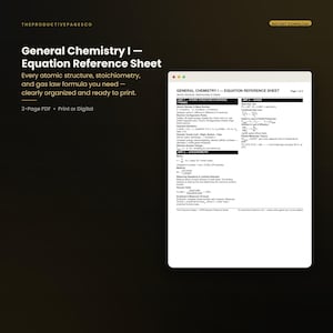 Könnte beinhalten: Ein zweiseitiges Referenzblatt für Gleichungen der allgemeinen Chemie I im PDF-Format. Das Dokument enthält schwarzen Text auf weißem Hintergrund, der in Einheiten unterteilt ist, die Atomstruktur, Periodentrends, Stöchiometrie und Gasgesetze abdecken.