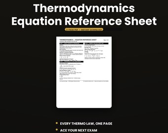 Thermodynamics Reference Sheet | Engineering Cheat Sheet PDF First Law & Power Cycles | College Study Guide | Instant Download