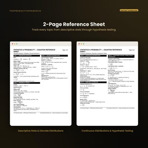 May include: A two-page digital reference sheet titled Statistics & Probability &mdash; Equation Reference Sheet. The document contains mathematical formulas for descriptive statistics, probability, discrete distributions, continuous distributions, and hypothesis testing.
