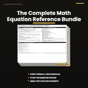Op de afbeelding: Een digitaal referentiepakket bestaande uit een stapel witte pagina's met zwarte tekst getiteld The Complete Math Equation Reference Bundle. De bovenste pagina toont Calculus 1-inhoud, inclusief limieten en afgeleide regels.