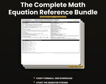 Paquete de referencia de ecuaciones matemáticas / 6 hojas de trucos universitarias en PDF desde cálculo hasta estadística / Guía de estudio / Descarga instantánea
