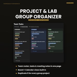 Könnte beinhalten: Eine digitale Notion-Vorlage zur Organisation von Projekt- und Laborgruppen mit einem dunkel gestalteten Aufgabenboard. Die Oberfläche zeigt Spalten für die Status Not started, In progress und Done sowie Aufgabenkarten mit Projektdetails und Terminen.