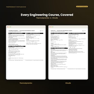 May include: Two white digital reference sheets titled Thermodynamics Equation Reference Sheet and Circuits Equation Reference Sheet, featuring black text, mathematical formulas, and engineering concepts on a dark background with the text Every Engineering Course, Covered.