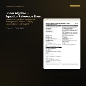 Linear Algebra Reference Sheet | Matrix Cheat Sheet PDF for College Students | Determinants & Eigenvalues | Instant Download
