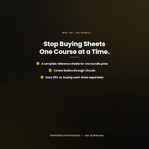 May include: A dark background graphic with the text Why Get The Bundle, Stop Buying Sheets One Course at a Time. It lists 4 complete reference sheets for one bundle price, covers statics through circuits, and saves 25 percent. TheProductivePagesCo PDF download.