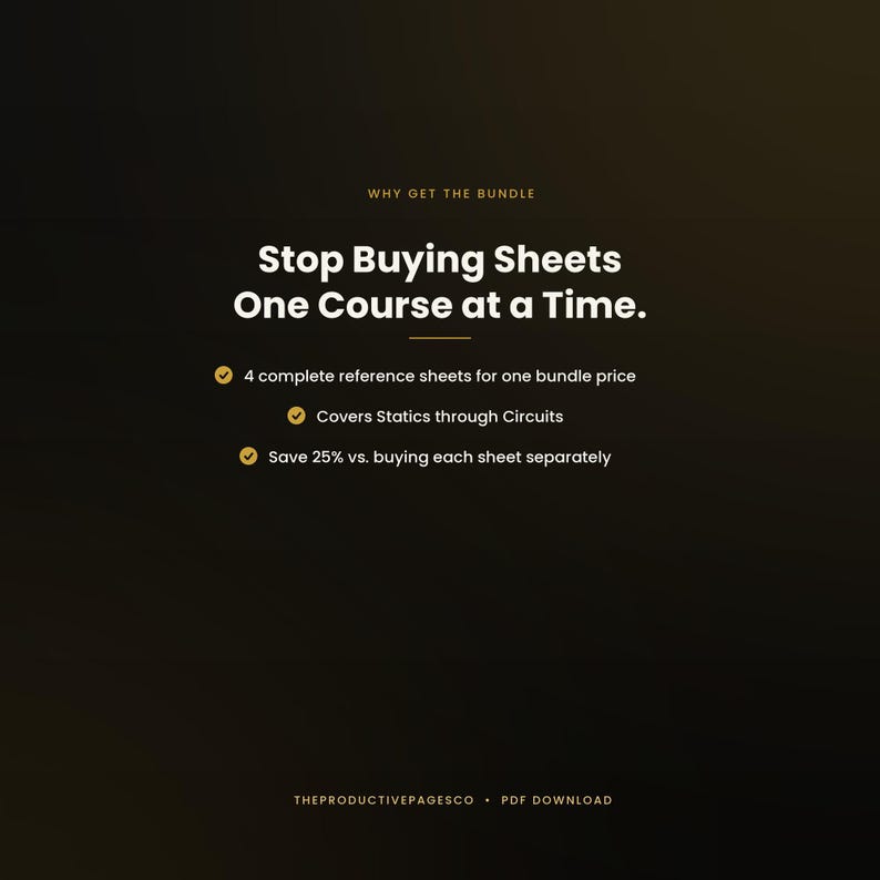 May include: A dark background graphic with the text Why Get The Bundle, Stop Buying Sheets One Course at a Time. It lists 4 complete reference sheets for one bundle price, covers statics through circuits, and saves 25 percent. TheProductivePagesCo PDF download.