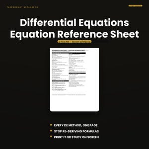 Puede incluir: Una hoja de referencia digital titulada Differential Equations Equation Reference Sheet, que presenta un diseño PDF de 2 páginas con fórmulas matemáticas, métodos y notaciones organizados en secciones sobre un fondo blanco con texto negro.