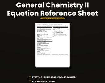 General Chemistry II Reference Sheet | Chem Cheat Sheet PDF Kinetics, Equilibrium & Acids | College Study Guide | Instant Download
