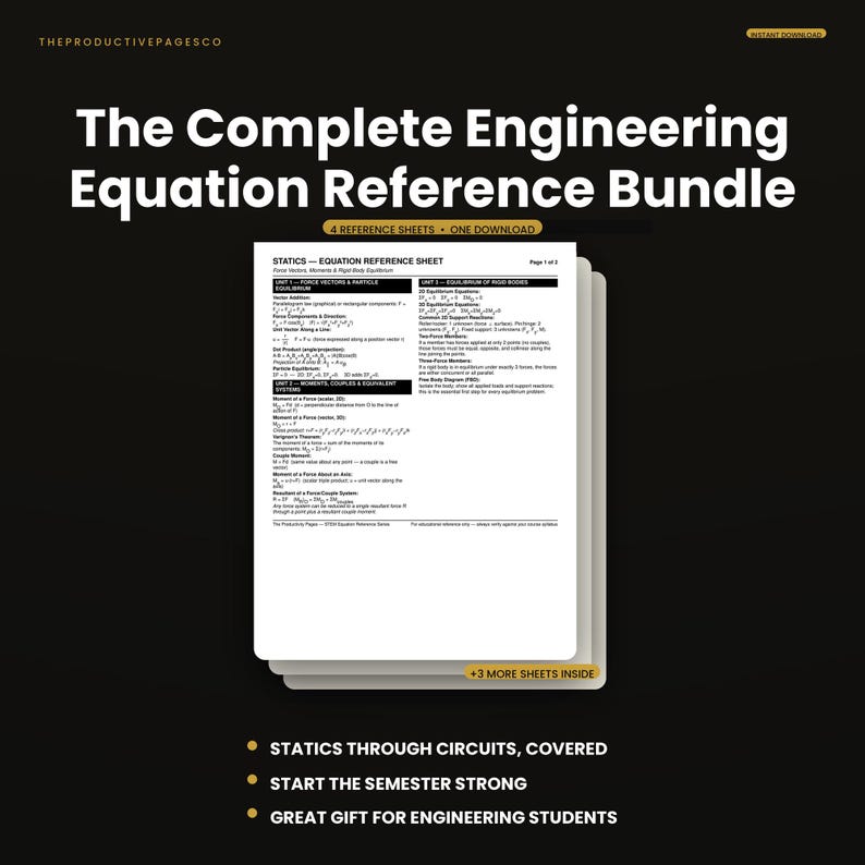 May include: A digital download titled The Complete Engineering Equation Reference Bundle featuring four reference sheets. The top sheet displays Statics Equation Reference Sheet with text covering force vectors, particle equilibrium, and rigid bodies.