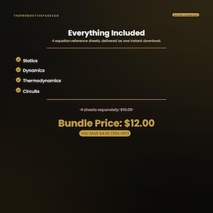 May include: A digital graphic on a dark background listing four equation reference sheets: Statics, Dynamics, Thermodynamics, and Circuits. The text includes 'Everything Included', '4 equation reference sheets', and 'instant download'.