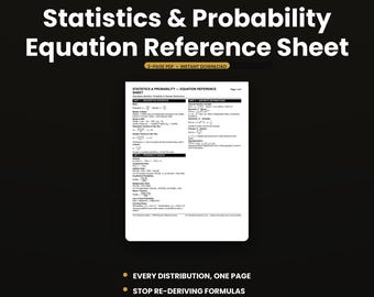 Hoja de referencia de estadística y probabilidad / Hoja de trucos de estadística en PDF: Distribuciones y pruebas / Guía de estudio universitario / Descarga instantánea