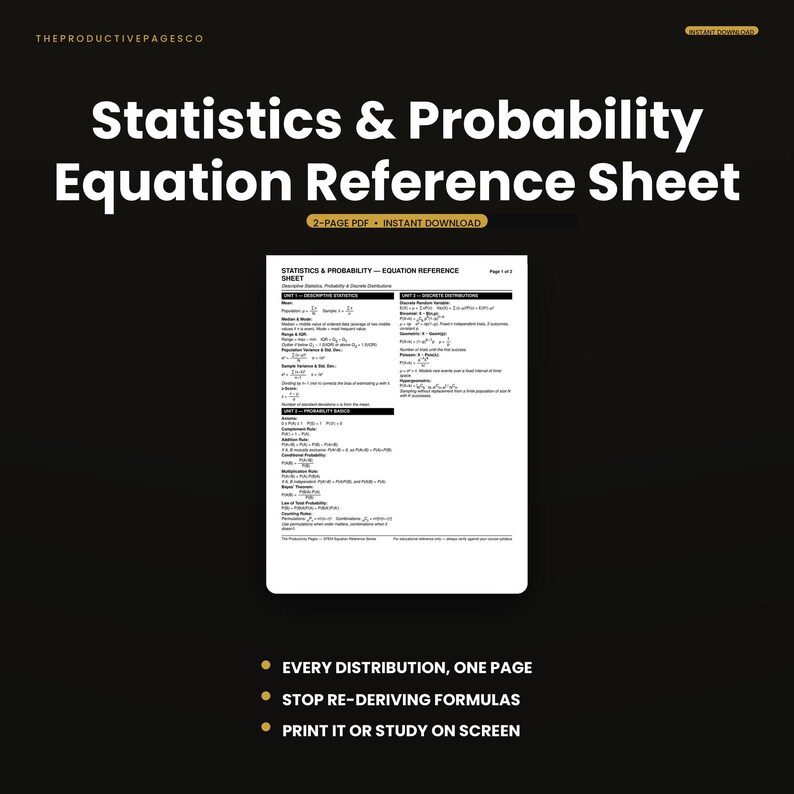 May include: A digital reference sheet titled Statistics & Probability Equation Reference Sheet, featuring mathematical formulas for descriptive statistics, probability basics, and discrete distributions, presented in a clear, black and white layout.