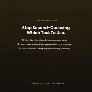 May include: A dark brown digital document with the text: WHY STUDENTS LOVE IT, Stop Second-Guessing Which Test To Use. Every Stats formula on 2 clean, organized pages, Distributions, estimation & hypothesis testing in one place, Print it for exams or keep it open while doing homework, THEPRODUCTIVEPAGESCO &bull; PDF DOWNLOAD.