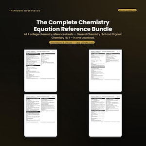 Könnte beinhalten: Ein digitales Paket aus vier Chemie-Referenzblättern mit dem Titel The Complete Chemistry Equation Reference Bundle, General Chemistry I & II und Organic Chemistry I & II. Die weißen Seiten enthalten schwarzen Text mit Formeln.
