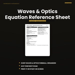 Könnte beinhalten: Ein digitales Referenzblatt mit dem Titel Waves & Optics Equation Reference Sheet, dargestellt als weißes Dokument auf schwarzem Hintergrund. Der Text enthält physikalische Formeln zu Wellengrundlagen, Schallwellen, Superposition und stehenden Wellen.