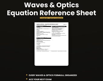 Waves and Optics Reference Sheet | Physics Cheat Sheet PDF Sound and Light Formulas | College Study Guide | Instant Download