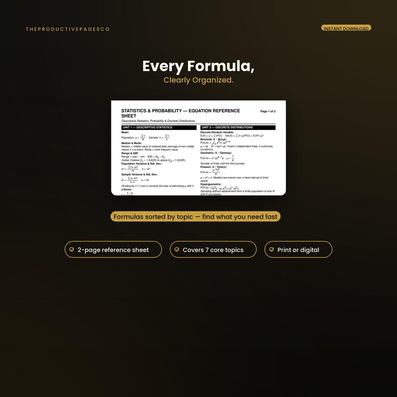 May include: A digital statistics and probability equation reference sheet featuring black text on a white background. The document includes sections for descriptive statistics and discrete distributions, with formulas for mean, median, mode, and variance.