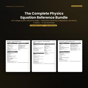 Pode incluir: Um pacote digital de três folhas de referência de física intitulado The Complete Physics Equation Reference Bundle. As folhas cobrem mecânica, eletricidade e magnetismo, e ondas e óptica, com texto preto em fundo branco.