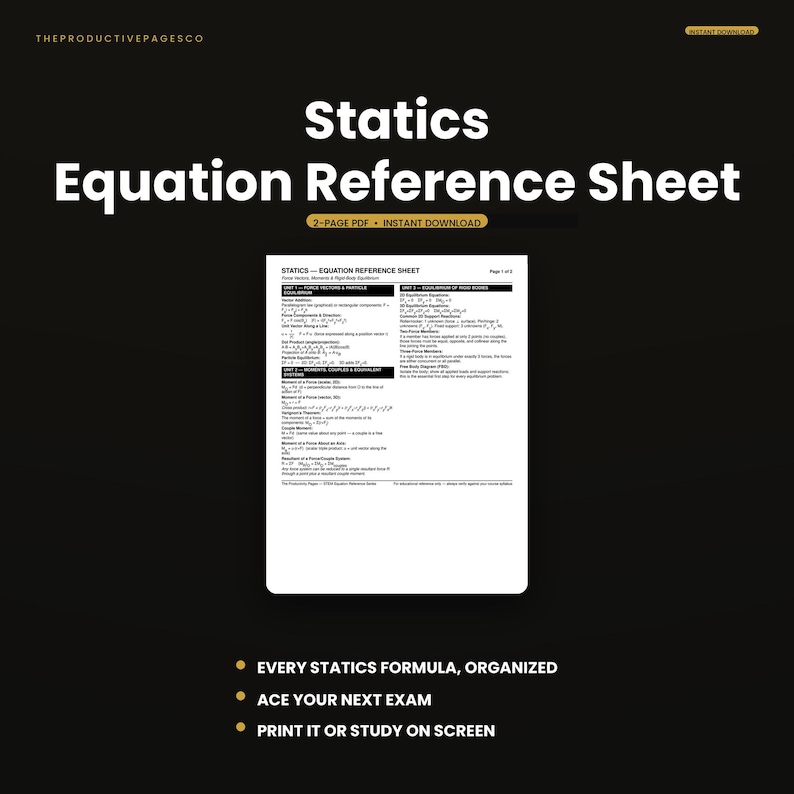 May include: A digital Statics Equation Reference Sheet document featuring black text on a white background. The header reads Statics Equation Reference Sheet, followed by organised physics formulas including force vectors, particle equilibrium, and moments.
